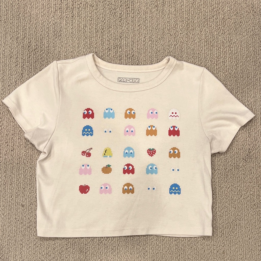 American Eagle Outfitters Cream Crop Top with Pac-Man Design